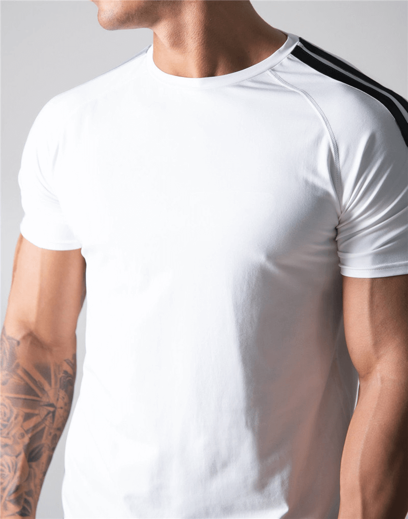 Men's white running cotton t-shirt with black stripe on sleeves, O-neck, and short sleeves for stylish comfort - perfect fit for athletes.